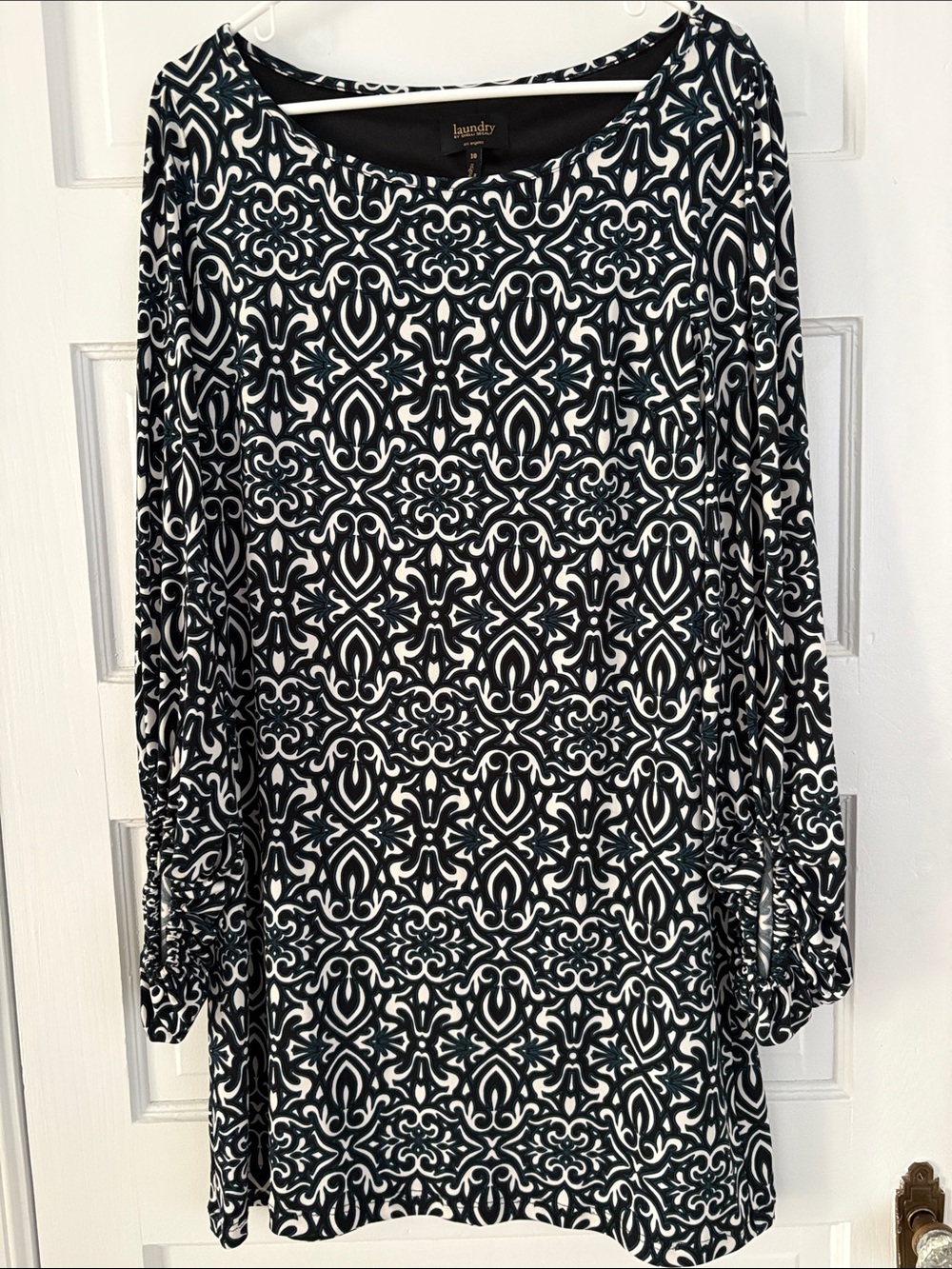 Laundry By Shelli Segal Black White w/ Green Geometric Long Sleeve Dress size 10